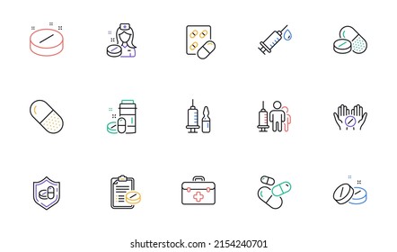 Medical drugs line icons. Healthcare, Prescription and Pill signs. Pharmacy drugs, recipe pill icons. Antibiotic capsule, syringe vaccination. Linear set. Bicolor outline web elements. Vector