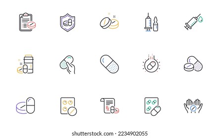 Medical drugs line icons. Healthcare, Prescription and Pill signs. Pharmacy drugs, recipe pill icons. Antibiotic capsule, syringe vaccination. Linear set. Bicolor outline web elements. Vector