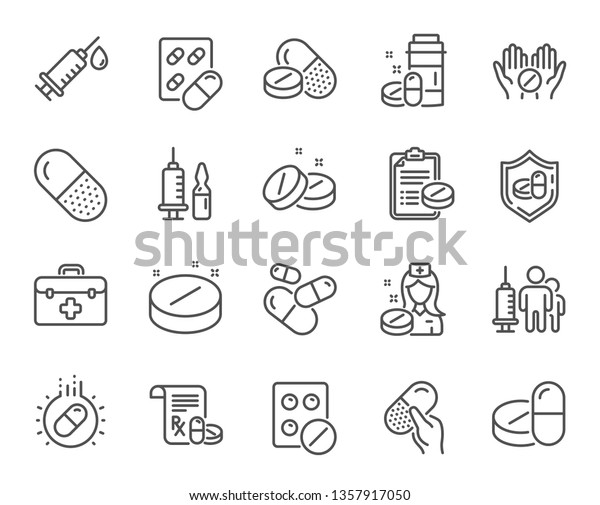 Medical drugs\
line icons. Healthcare, Prescription and Pill signs. Pharmacy\
drugs, medical nurse, recipe pill icons. Antibiotic capsule,\
syringe vaccination, medicine cure.\
Vector