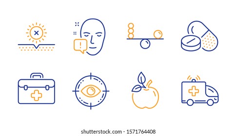 Medical drugs, No sun and Face attention line icons set. First aid, Eco food and Balance signs. Eye target, Ambulance car symbols. Medicine pills, Uv protect. Healthcare set. Vector
