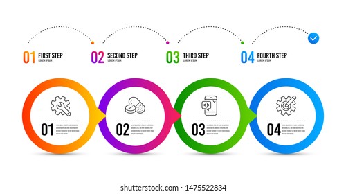 Medical drugs, Medical phone and Customisation line icons set. Timeline infographic. Cogwheel sign. Medicine pills, Mobile medicine, Settings. Edit settings. Science set. Medical drugs icon. Vector