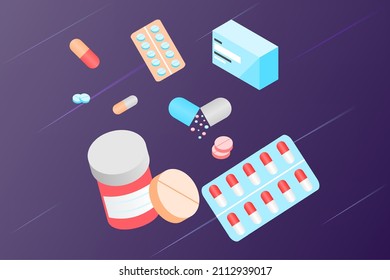 Medical drugs, pill, medical pills, bottle pills, capsule and medicine. Flat vector illustration design concept of healthcare and medicine. Medical support, medication shopping, pharmacy, drug store.	