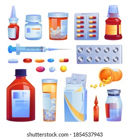 Medical drugs, pills and capsules set isolated cartoon icons. Vector various meds, glass bottles with liquid medicines, plastic tubes with caps. Medication pharmaceutical pharmacy tablets, syringe