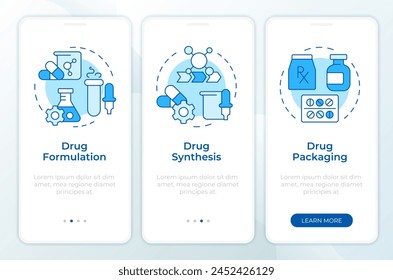 Medical drugs production blue onboarding mobile app screen. Walkthrough 3 steps editable graphic instructions with linear concepts. UI, UX, GUI template. Montserrat SemiBold, Regular fonts used