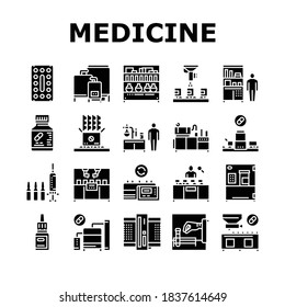 Medical Drugs Production Factory Icons Set Vector. Pharmaceutical Production Medicine Production Machine And Equipment Collection Glyph Pictograms Black Illustrations