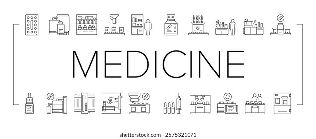 Medical Drugs Production Factory Icons Set Vector. Pharmaceutical Production Medicine Production Machine And Equipment Collection Black Contour Illustrations