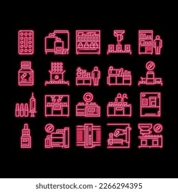 Medical Drugs Production Factory neon light sign vector. Pharmaceutical Production Medicine Production Machine And Equipment Illustrations