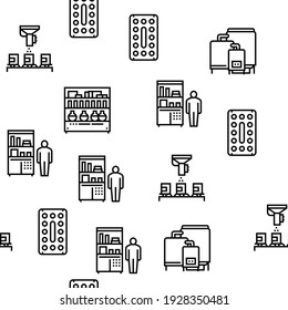 Medical Drugs Production Factory Vector Seamless Pattern Thin Line Illustration