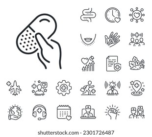 Medical drugs sign. Online doctor, patient and medicine outline icons. Capsule pill line icon. Pharmacy medication symbol. Capsule pill line sign. Veins, nerves and cosmetic procedure icon. Vector