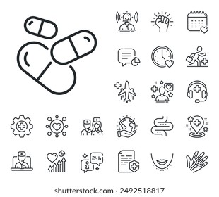 Medical drugs sign. Online doctor, patient and medicine outline icons. Capsule pill line icon. Pharmacy medication symbol. Capsule pill line sign. Veins, nerves and cosmetic procedure icon. Vector