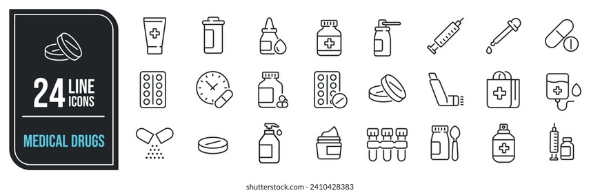 Medizinische Medikamente einfache minimale dünne Linie Symbole. Ähnliche Apotheke, Pille, Rezept, Gesundheit. Vektorgrafik.