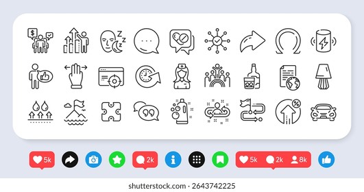 Medical drugs, Sleep and Loan percent line icons pack. Social media: share, comment, like icons. Seo targeting, Hospital nurse, Clean bubbles web icon. Vector