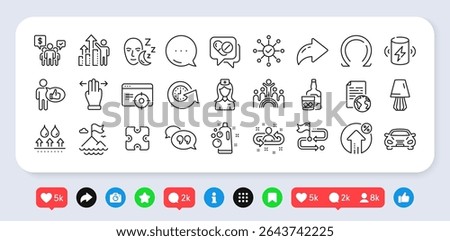 Medical drugs, Sleep and Loan percent line icons pack. Social media: share, comment, like icons. Seo targeting, Hospital nurse, Clean bubbles web icon. Vector