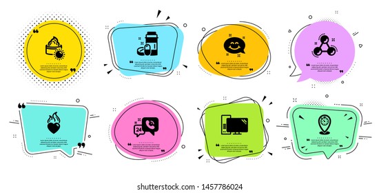 Medical drugs, Smile chat and Sun cream line icons set. Chat bubbles with quotes. Heart flame, 24h service and Timer signs. Computer, Chemistry molecule symbols. Vector