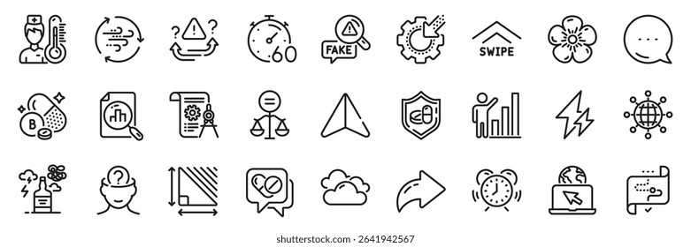 Medical drugs, Timer and Thermometer line icons pack. Share, Message, Paper plane icons. Wind energy, Divider document, Seo gear web icon. Boron mineral, Electricity, Time management pictogram. Vector