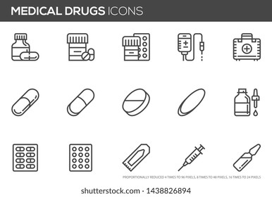 Medical drugs vector line icons. Pill, lozenge, syringe for injection, rectal suppository, pill blister. Editable Stroke. Perfect pixel icons, such can be scaled to 24, 48, 96 pixels.