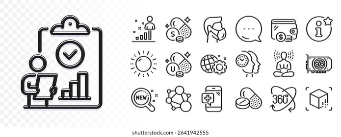 Medical drugs, Vitamin u and Integrity line icons for web app. Glare of light effect. Message icon. Pack of Time management, Medical mask, Info pictogram icons. Sun energy, Gpu, Inspect signs. Vector