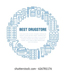 Medical, drugstore poster template. Vector medicament line icons, illustration of dosage forms - tablet, capsules, pills. Medicines antibiotics, vitamins. Healthcare banner with place for text.