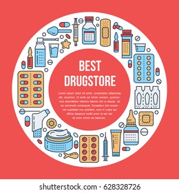 Medical, drugstore poster template. Vector medicament line icons, illustration of dosage forms - tablet, capsules, pills. Medicines antibiotics, vitamin. Healthcare colored banner with place for text.