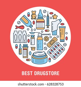Medical, drugstore poster template. Vector medicament line icons, illustration of dosage forms - tablet, capsules, pills. Medicines antibiotics vitamins, painkiller. Healthcare colored banner.