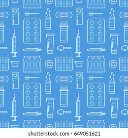 Medical, drugstore seamless pattern, medicament vector background blue color. Medicines antibiotics, vitamins, painkiller, pills. Healthcare cute repeated illustration for hospital, clinic.