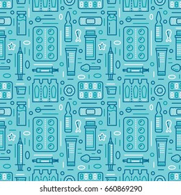 Medical, drugstore seamless pattern, pharmacy vector colored background of blue color. Medicines antibiotics, vitamins, painkillers, pills. Healthcare cute repeated illustration for hospital.