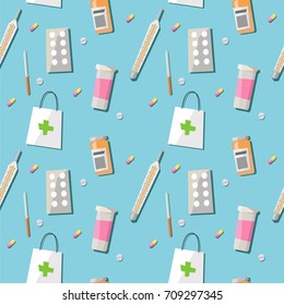 Medical, drugstore seamless pattern, pharmacy vector colored background of blue color. Healthcare cute repeated illustration for hospital. Pharmacy objects pattern.