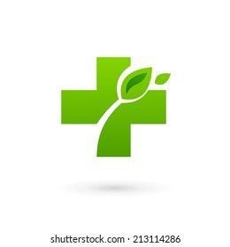 Plantilla de diseño de icono del logotipo ecológico médico con cruz y más. Signo vectorial.