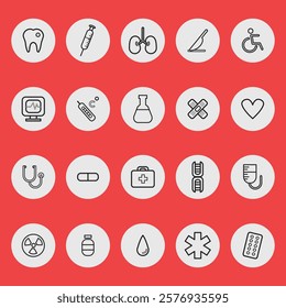 Medical editable stroke outline Icons set. Hospital, patient, medicine, pharmacy, nurse, prescription and medical report. Vector illustration of hospital icon set.