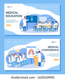 Medical Education And Conference Doctors People Try To Fined Coronavirus Antivirus Vaccine Vector Illustration. Man Teaches Students. Group Of Physicians Listens To Report Of Professor. 