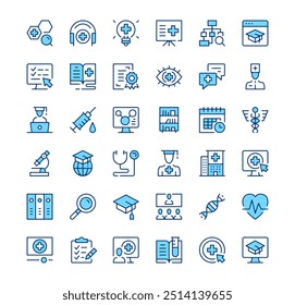 Medical education icons. Outline symbols. Vector blue line icons set