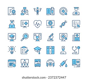 Medical education icons set. Vector line icons. Blue color outline stroke symbols. Modern concepts