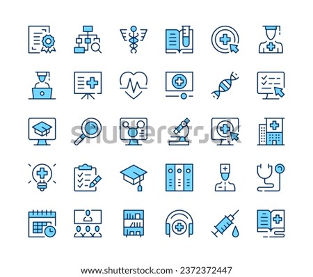 Medical education icons set. Vector line icons. Blue color outline stroke symbols. Modern concepts