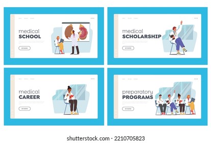 Medical Education Landing Page Template Set. Students Listening Doctor Teacher Lecture In Classroom. Young Medics Audience in Classroom Asking Questions To Speaker. Cartoon People Vector Illustration