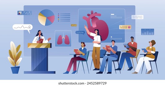 Medical education lecture or training course of doctors in clinic. Scientific conference for health professional. College students listening professor. Physician seminar about lungs or cardiac disease