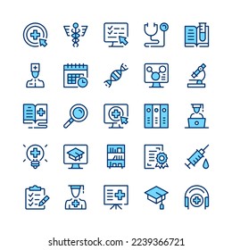 Medical education line icons. Blue color. Vector line icons set