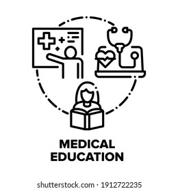 Medical Education Literature Vector Icon Concept. Woman Medical College Student Reading Medicine Educational Book, E-learning Lecture And Presentation Health Treatment Black Illustration