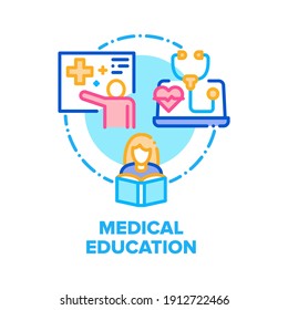 Medical Education Literature Vector Icon Concept. Woman Medical College Student Reading Medicine Educational Book, E-learning Lecture And Presentation Health Treatment Color Illustration