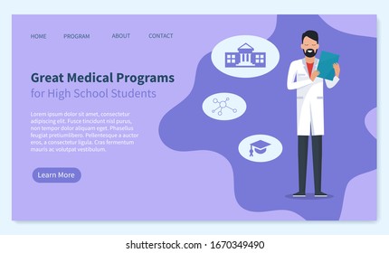 Medical Education Program Web Landing Page Template Vector. Doctor With Notepad Or Clipboard, Student Of Medicine Science In Robe. Graduation And Degree Receiving, Healthcare Industry Illustration