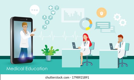 Medical education Technology concept. Medical students e learning with professor via remote online video/web conference on digital mobile screen. Idea for global  virtual technology in medical school