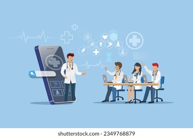 Medical education Technology. Medical students e learning with professor via remote online video web conference on digital mobile screen. Medical school global wireless technology. 