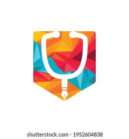 Medical education vector logo design. Pen nib and stethoscope vector icon design.