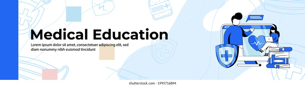 Medical Education Web Banner Design. A Woman Watching Medical Webinar On Monitor. Medical Class, Online Education Header Or Footer Banner.