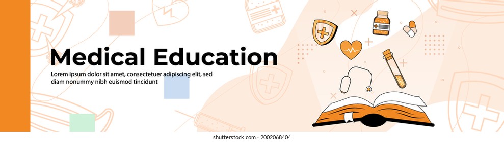 Medical Education Web Banner Design.open Ledger With Medicine, Health And Medical Tools. Header Or Footer Banner.