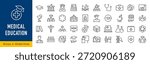 Medical Education web icon set in line style. Medicine, college, student, learning, book, collection. Editable stroke. Vector illustration.	
