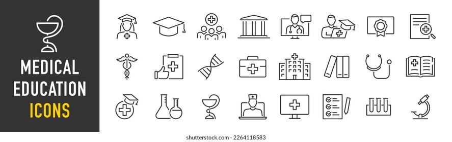 Medical Education web icon set in line style. Medicine, college, student, learning, book, collection. Vector illustration.	