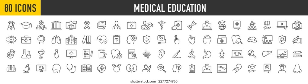 Medical Education web icon set in line style. Medicine, college, student, learning, book, collection. Vector illustration.