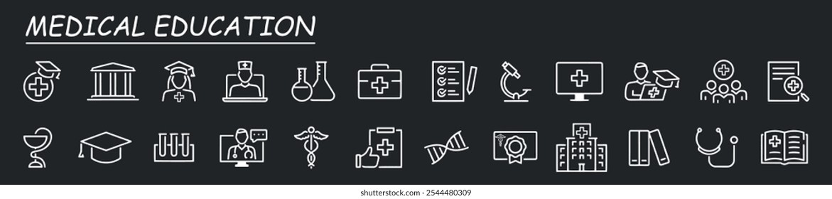 Medical education web icon set in line style. Medicine, college, student, learning, book, collection. Vector illustration. White on grey background