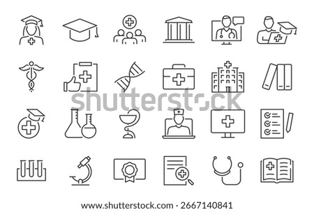 Medical Education web icon set in line style. Medicine, college, student, learning, book, collection. Vector illustration.	