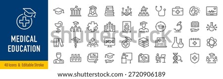 Medical Education web icon set in line style. Medicine, college, student, learning, book, collection. Editable stroke. Vector illustration.	